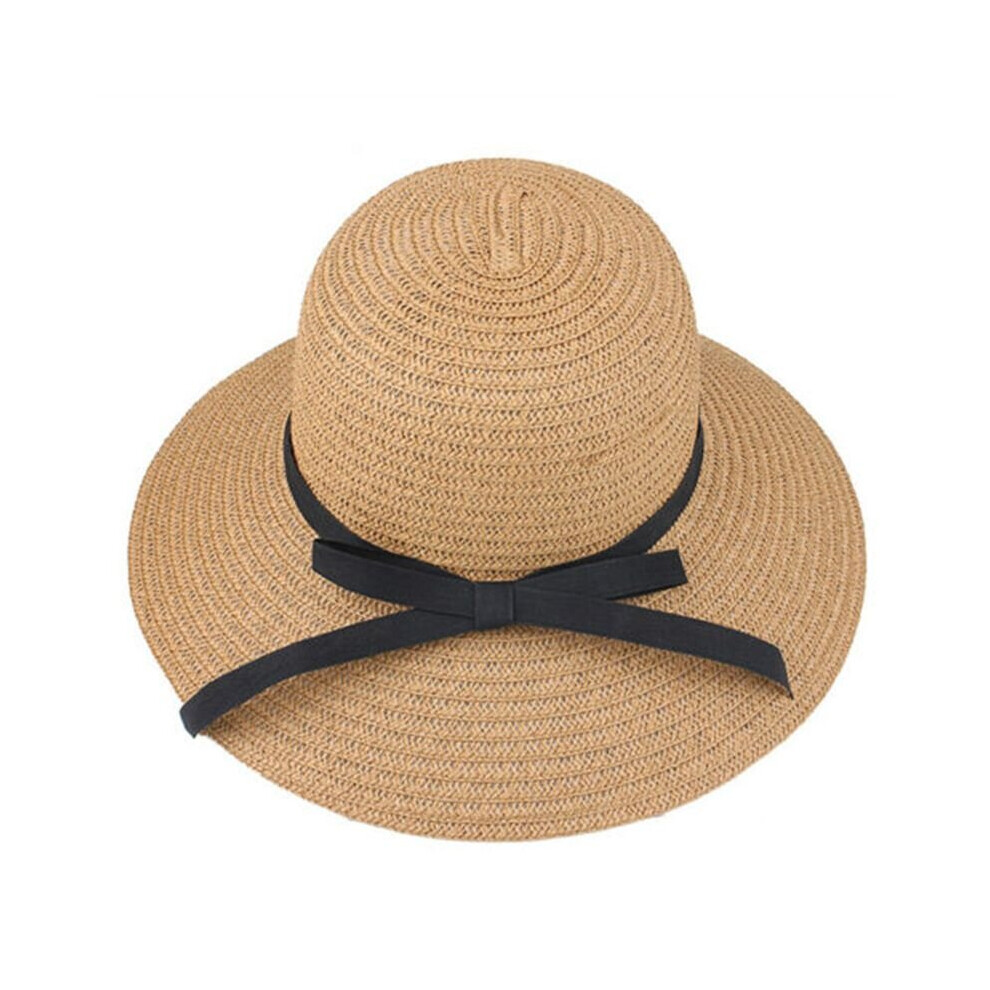 (Beige) Ladies Summer Fashion Straw Hat Seaside Sun Hat Wide Brim Fisherman Hat Foldable