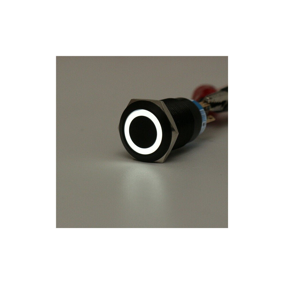 (White) 12V 19mm Self-locking Push Button Switch Ring LED Flat Head 5 Pins Waterproof Switch