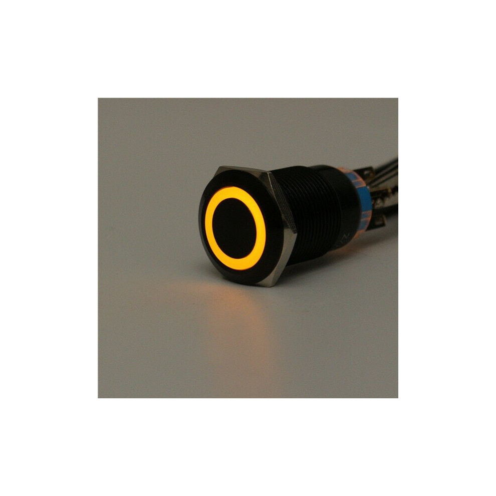 (Yellow) 12V 19mm Self-locking Push Button Switch Ring LED Flat Head 5 Pins Waterproof Switch