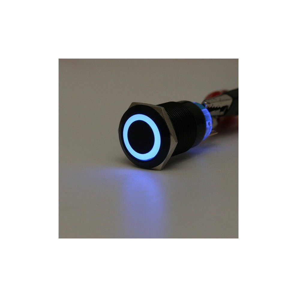 (Blue) 12V 19mm Self-locking Push Button Switch Ring LED Flat Head 5 Pins Waterproof Switch