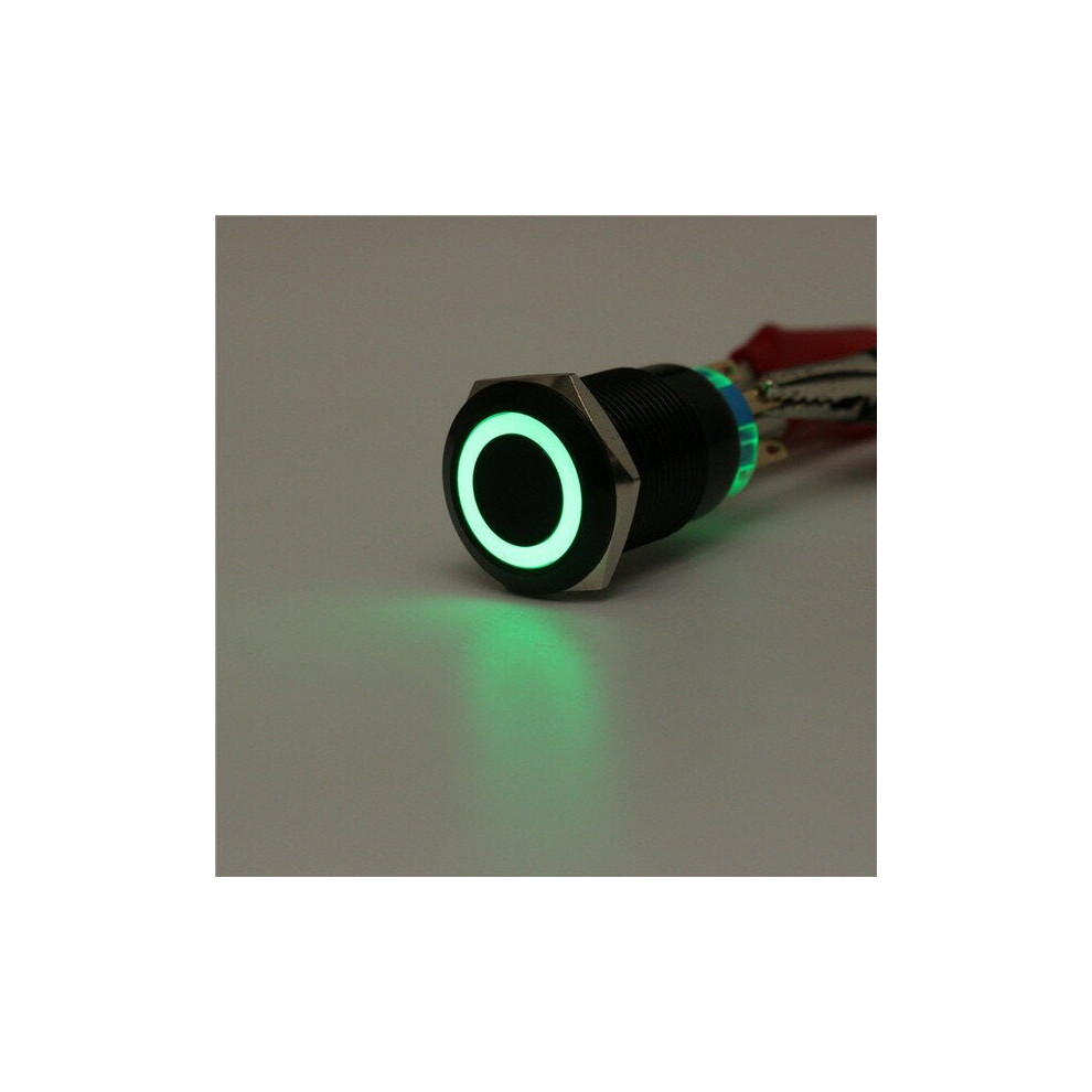 (Green) 12V 19mm Self-locking Push Button Switch Ring LED Flat Head 5 Pins Waterproof Switch