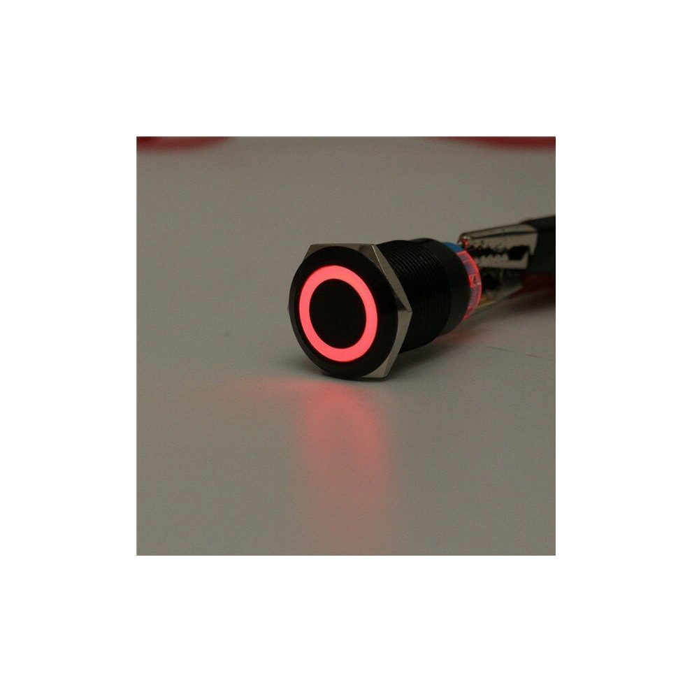 (Red) 12V 19mm Self-locking Push Button Switch Ring LED Flat Head 5 Pins Waterproof Switch