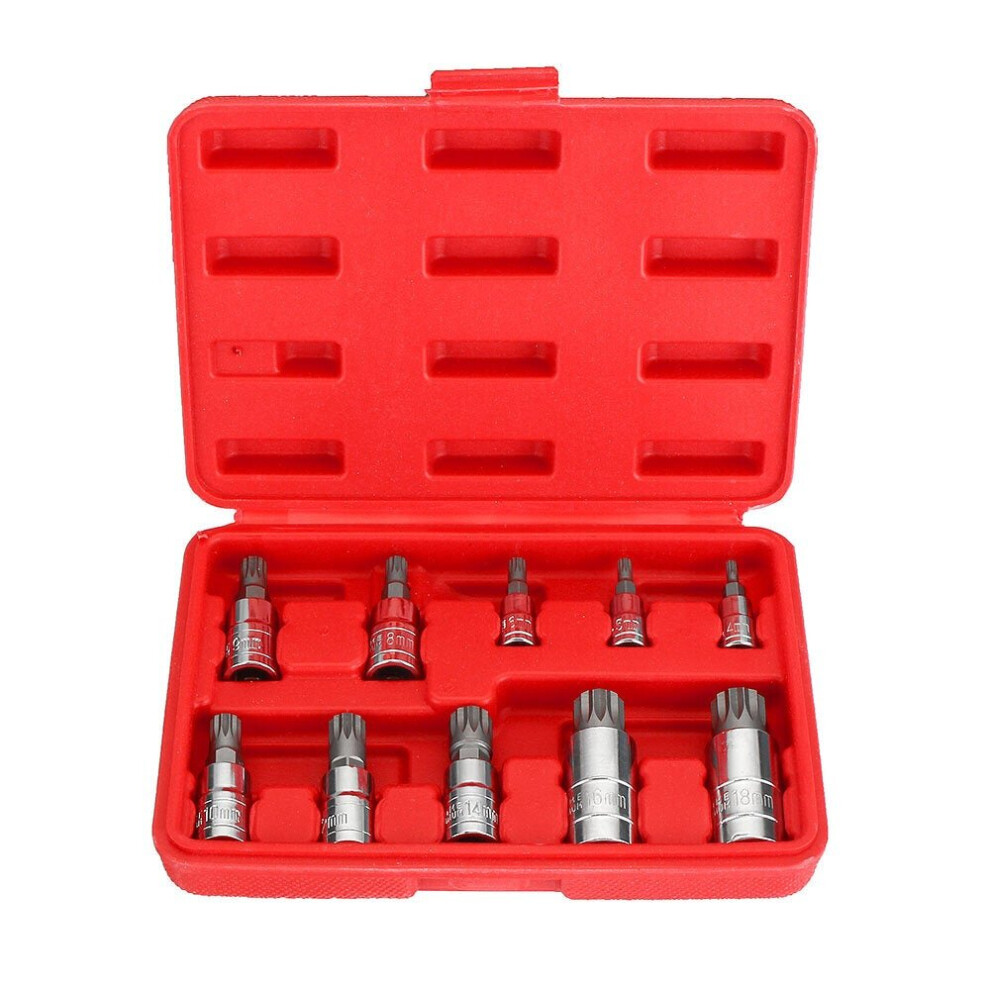 (Red) 10pcs Red/Blue XZN12 Point Tamper Proof Socket Adapter Set Triple Square Spline Bit Socket