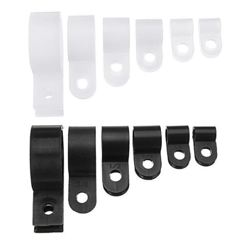 (white) 200pcs Black White Plastic R Type Cable Clip Clamp for Multi Diameter Wire Hose Tube 1