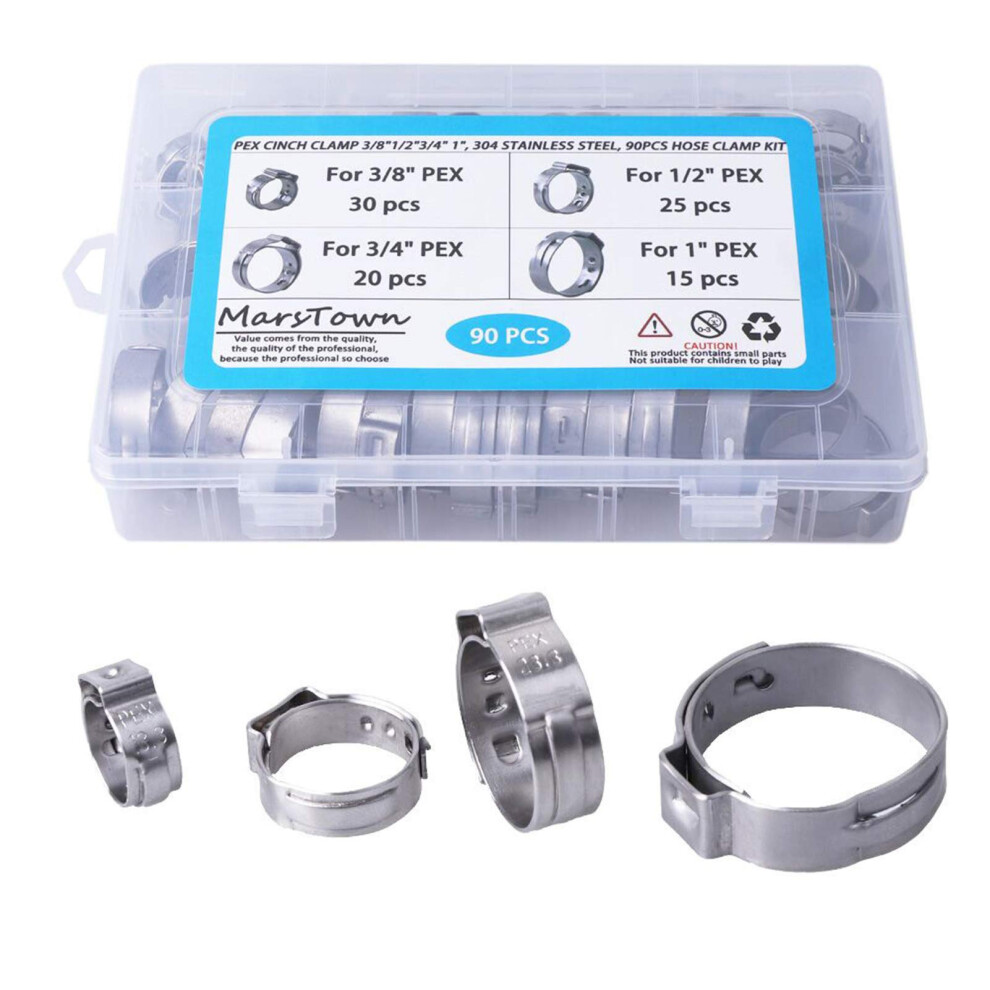 (60Pcs) 60Pcs/90Pcs Pex Cinch Clamp Hose Clamp Kit 304 Stainless Steel Single Ear Stepless Clip Rings Pex Pipe Assorted Kit 3654659283306
