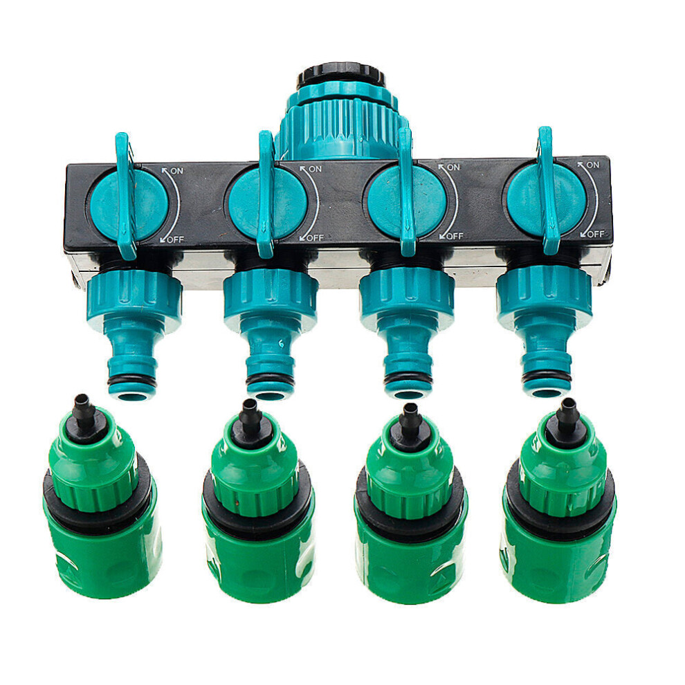 (1/4) Universal 4 Way Garden Hose Splitter Tap Manifold for 1/2" 3/4" 1" Faucet Shut Off Connector Water Pipe Divider Quick Adapter Outdoor Irrigation