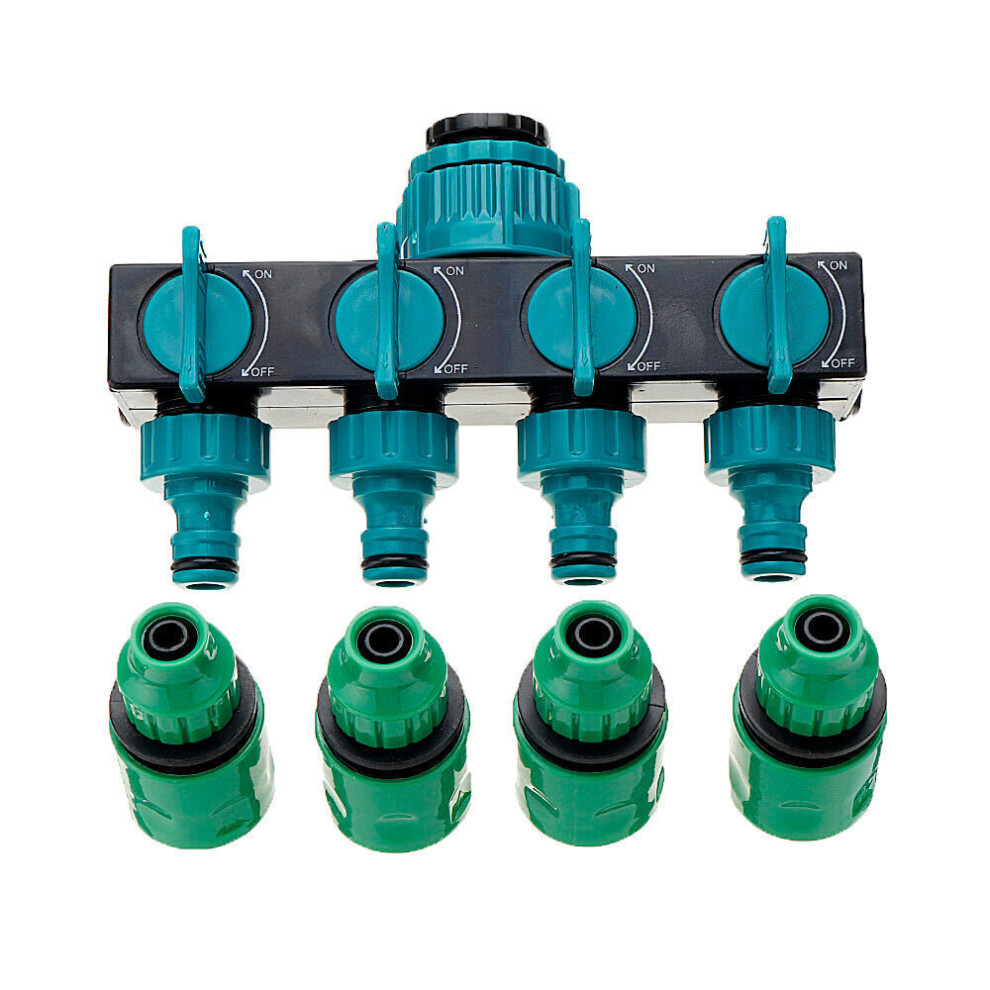 (3/8) Universal 4 Way Garden Hose Splitter Tap Manifold for 1/2" 3/4" 1" Faucet Shut Off Connector Water Pipe Divider Quick Adapter Outdoor Irrigation