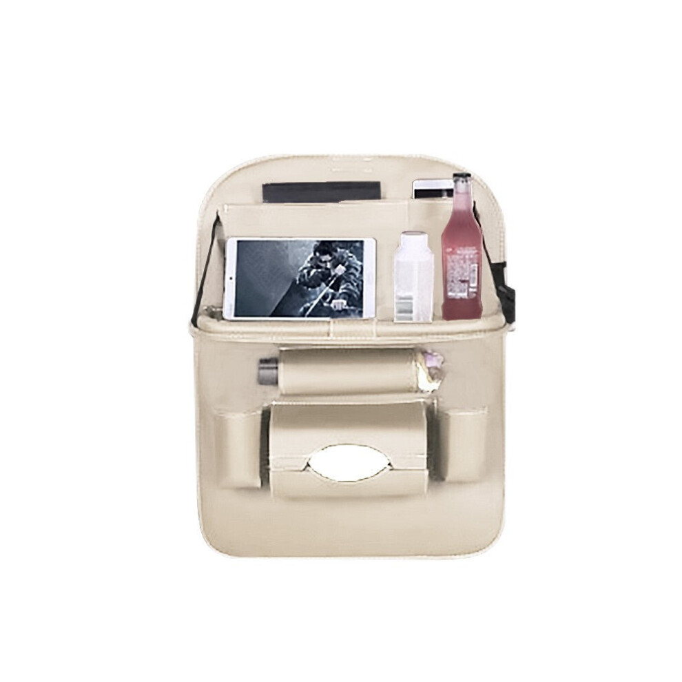 (Beige) Car Backseat Organizer Pu Leather Auto Back Seat Cushion For Kids Beige 3654657569112