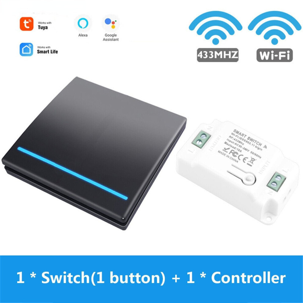(1 * Black switch(1 button) + 1 * Controller) 1/2 Gang WiFi Button Switch Home Wall Light Control+ RF Button Remote Smart Life