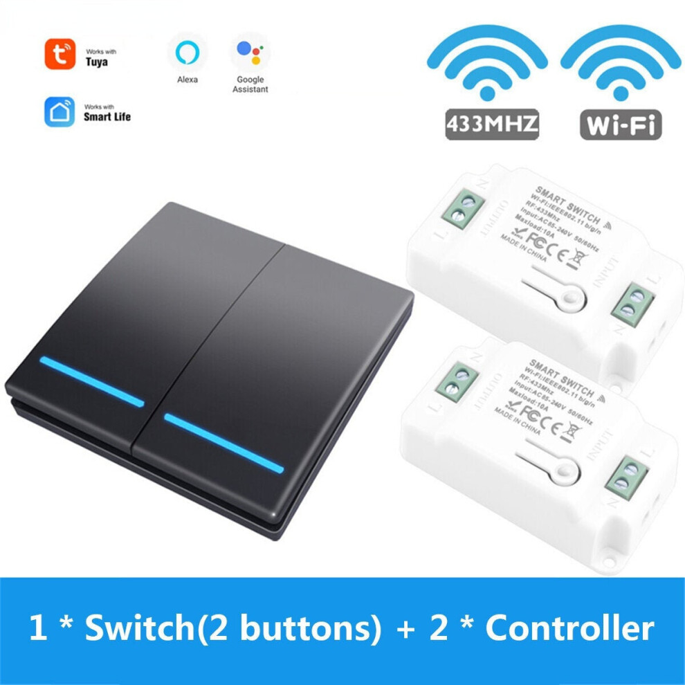 (1 * Black switch(2 button) + 2 * Controller) 1/2 Gang WiFi Button Switch Home Wall Light Control+ RF Button Remote Smart Life