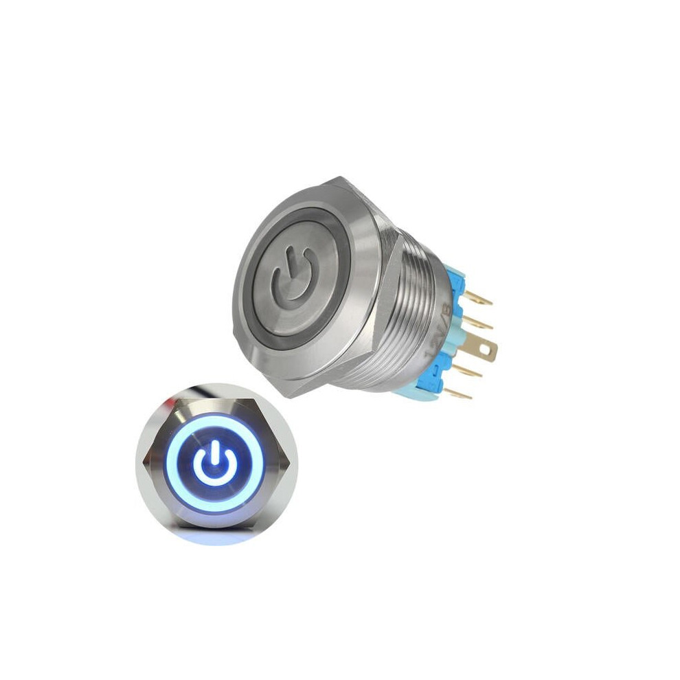 (Blue) 12V 6 Pin 22mm Push Button Momentary Switch with Led Light