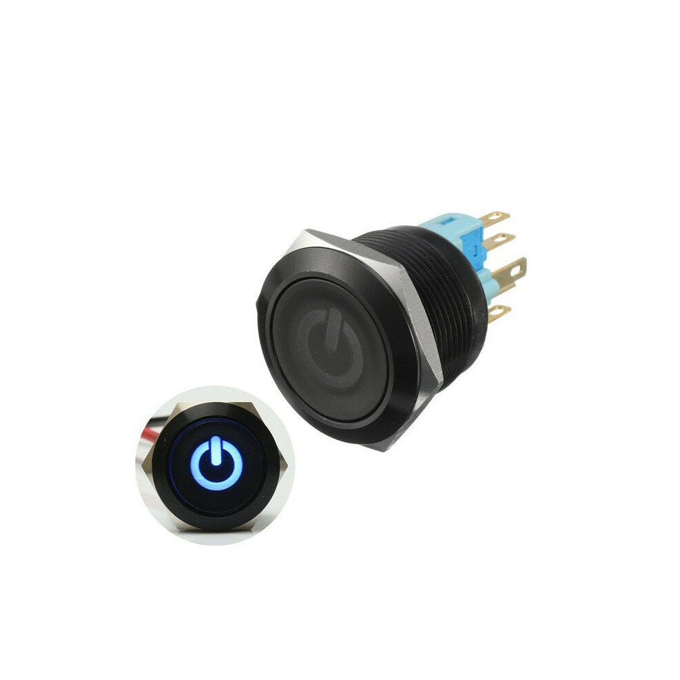 (Blue) 12V 6 Pin 22mm Led Light Metal Push Button Momentary Switch