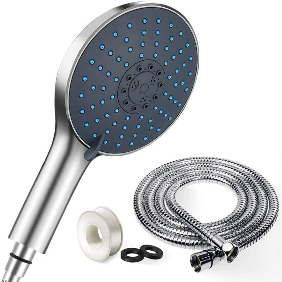 (Gray, With Hose) 7 Modes Shower Head Large Panel with Stainless Steel Hose Water Saving Pressure Raising Showerhead Chrome Universal