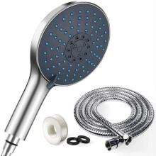 (Gray, Without Hose) 7 Modes Shower Head Large Panel with Stainless Steel Hose Water Saving Pressure Raising Showerhead Chrome Universal