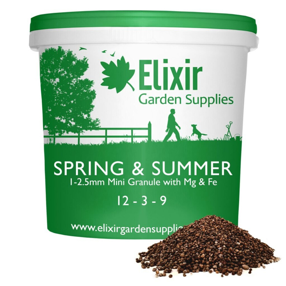 Elixir Gardens | Spring & Summer Lawn Food Fertiliser + Iron & Magnesium | Covers 357sqm | 10kg Tub