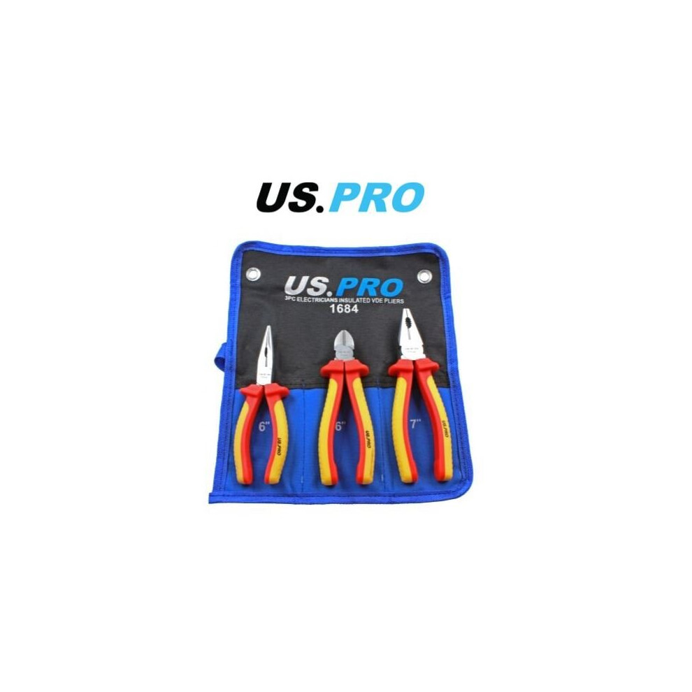 US PRO 3 Piece Electricians Insulated VDE Pliers & Cutter Set 1684