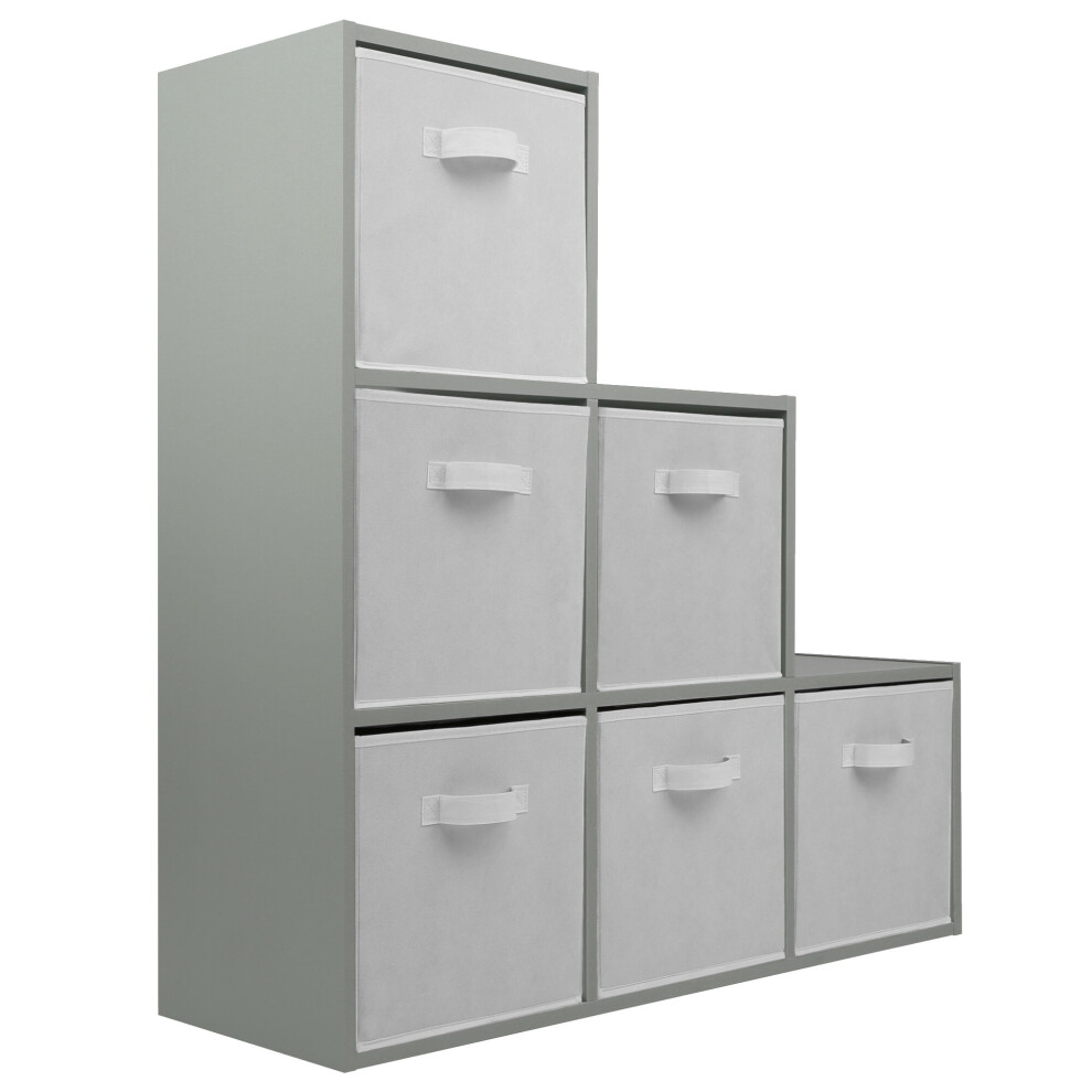 (6 White Drawers) Grey 3 Tier 6 Cube Storage Bookcase Shelf Display Unit with Choice of Drawers