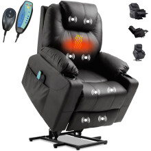 (Black) Rise and Recline Chair Electric 8 Point Heated Massage Sofa Riser Recliner Armchair