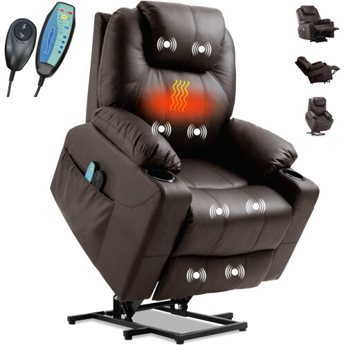(Brown) Rise and Recline Chair Electric 8 Point Heated Massage Sofa Riser Recliner Armchair
