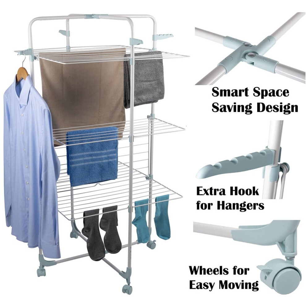 30M Clothes Airer Drying 3 Tier Rack Foldable Laundry Dryer Roller Wheeled Hook