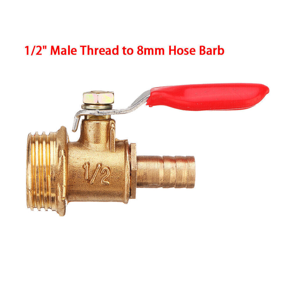 (1/2" Male Thread to 8mm Hose Barb) 8mm Hose Barb to BSP Male Thread 1/2" 3/8" 1/2" Brass Inline Ball Valve Pipe Hose Coupler Adapter