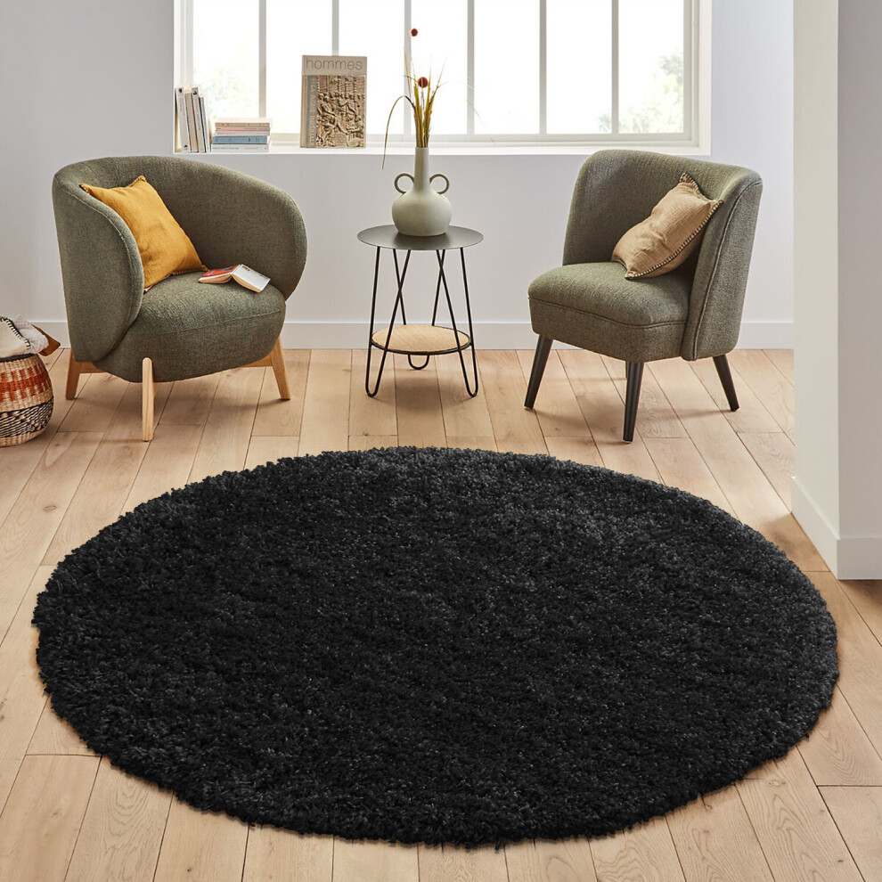 (BLACK) FLUFFY ROUND AREA SHAGGY RUGS CIRCLE LARGE LIVING ROOM BEDROOM PLUSH CARPET MATS