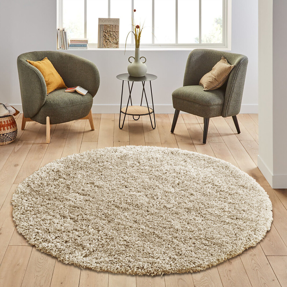 (BEIGE) FLUFFY ROUND AREA SHAGGY RUGS CIRCLE LARGE LIVING ROOM BEDROOM PLUSH CARPET MATS