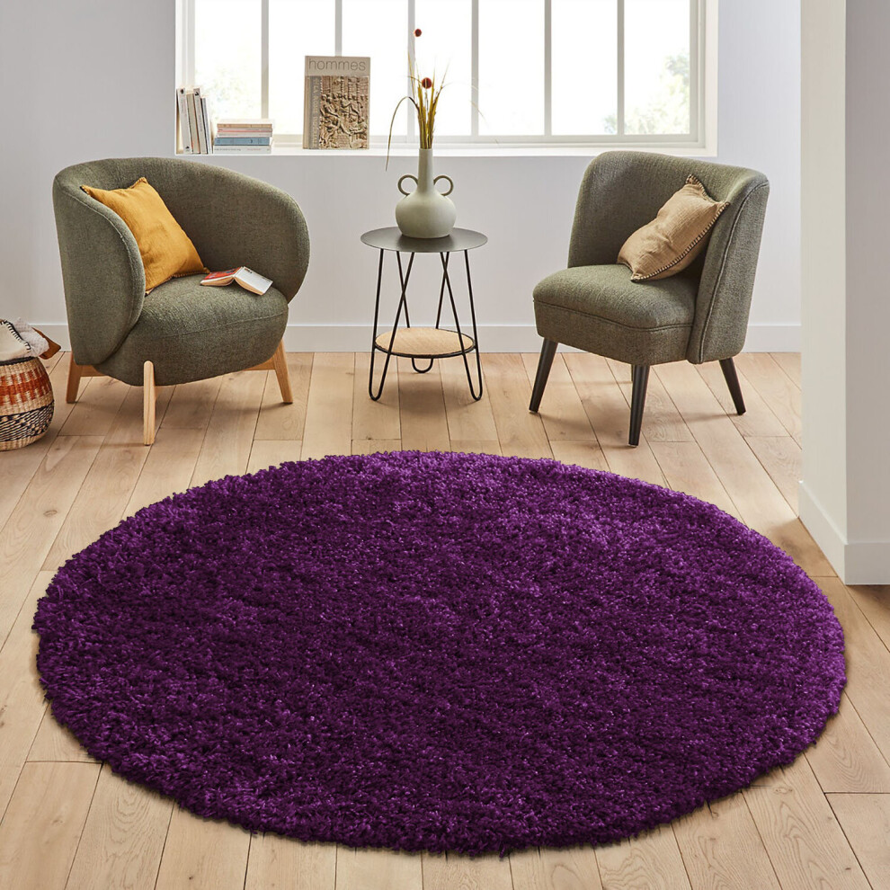 (PURPLE) FLUFFY ROUND AREA SHAGGY RUGS CIRCLE LARGE LIVING ROOM BEDROOM PLUSH CARPET MATS