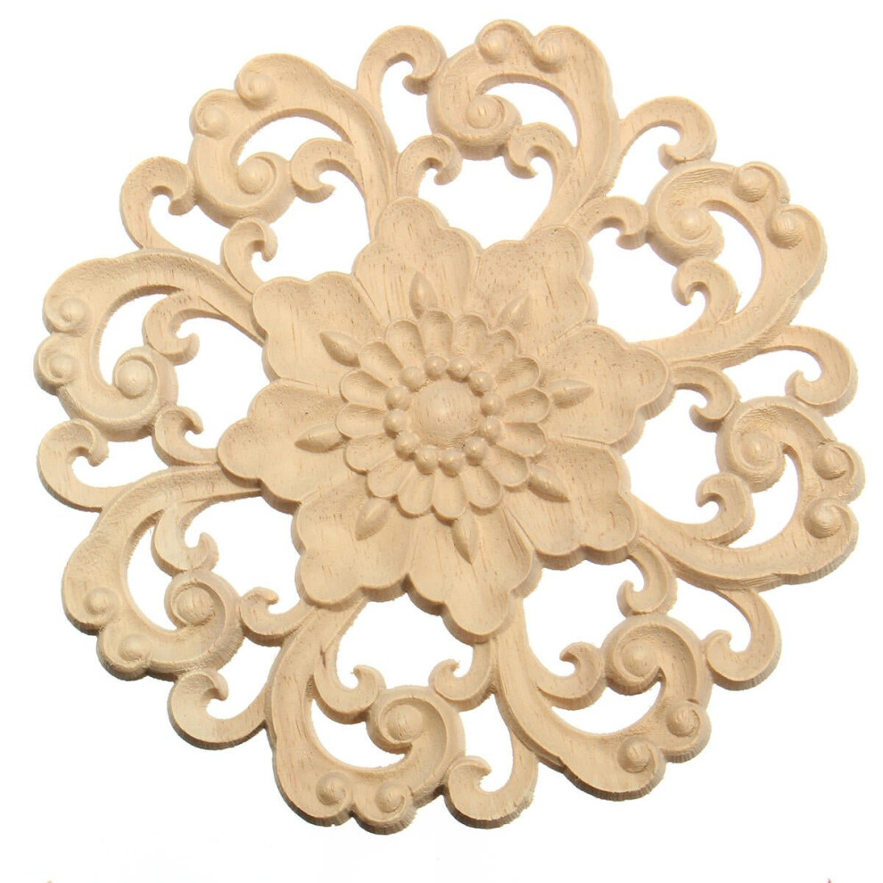 (C) Wood Carved Onlay Applique Unpainted Flower Pattern Furniture Frame Door Decor 15cm