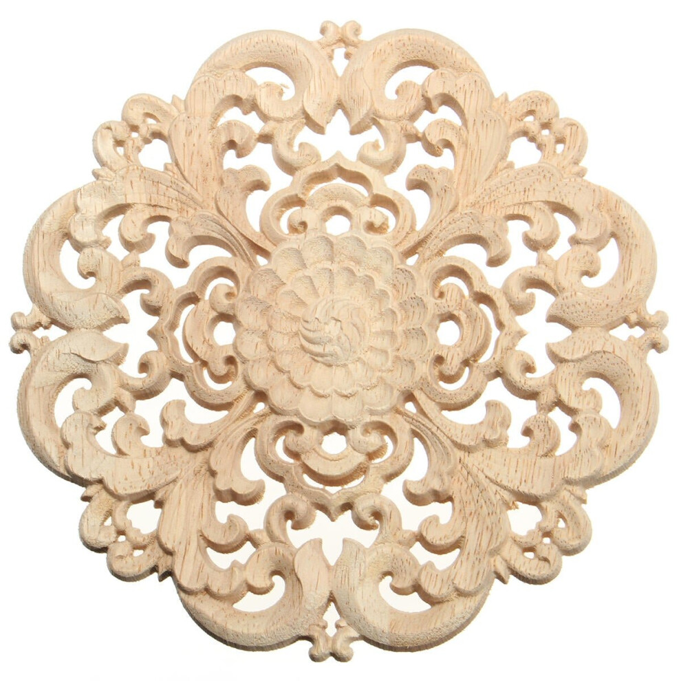 (B) Wood Carved Onlay Applique Unpainted Flower Pattern Furniture Frame Door Decor 15cm