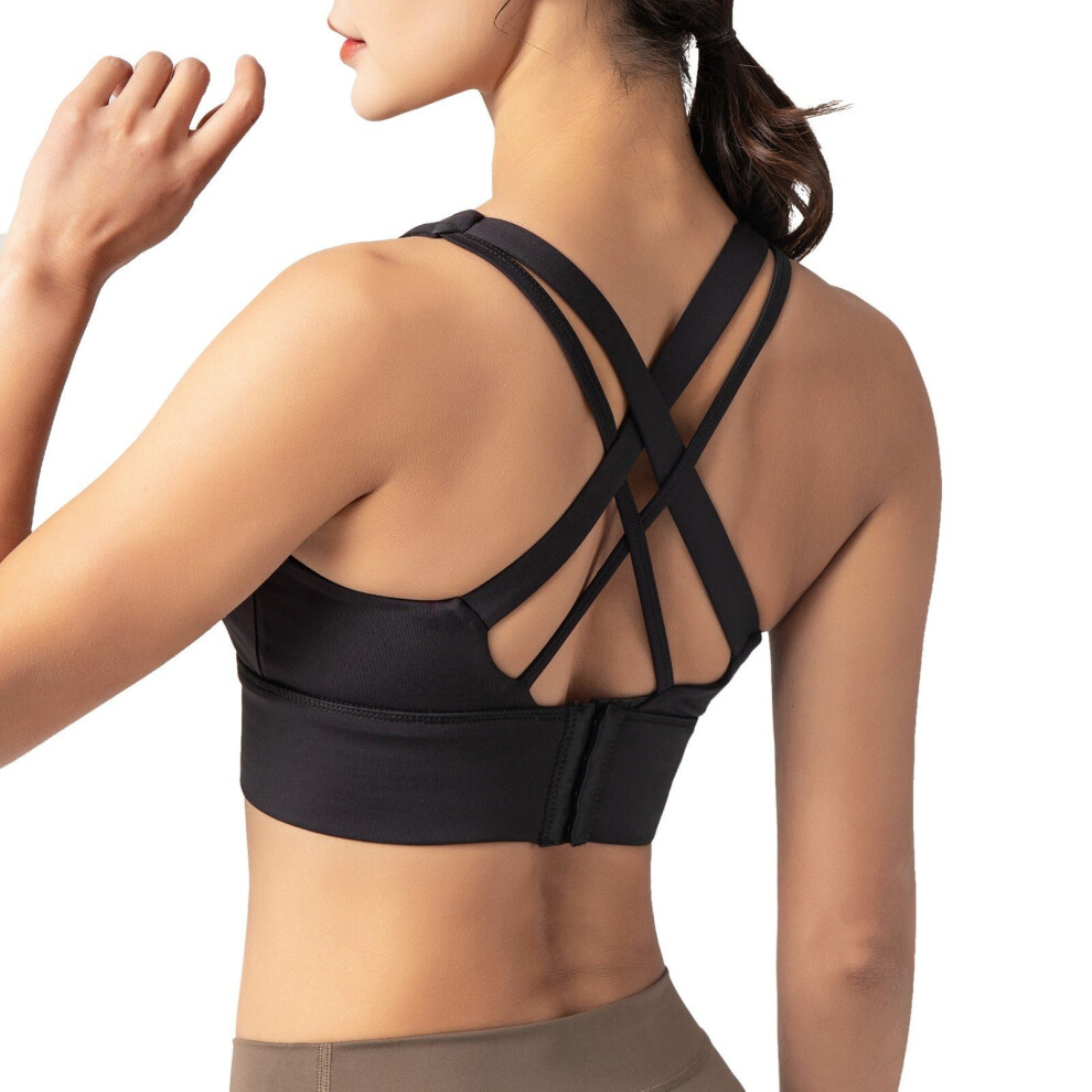 (Black) Woman Sports Bra Push-up Shockproof Quick Dry Padded Crop-Top Four Hook-and-eye Tank-Top Underwear