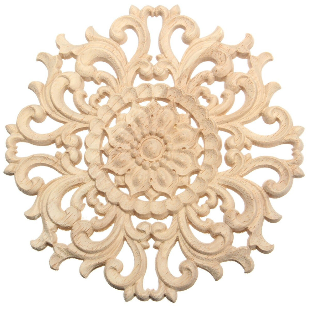 (A) Wood Carved Onlay Applique Unpainted Flower Pattern Furniture Frame Door Decor 15cm