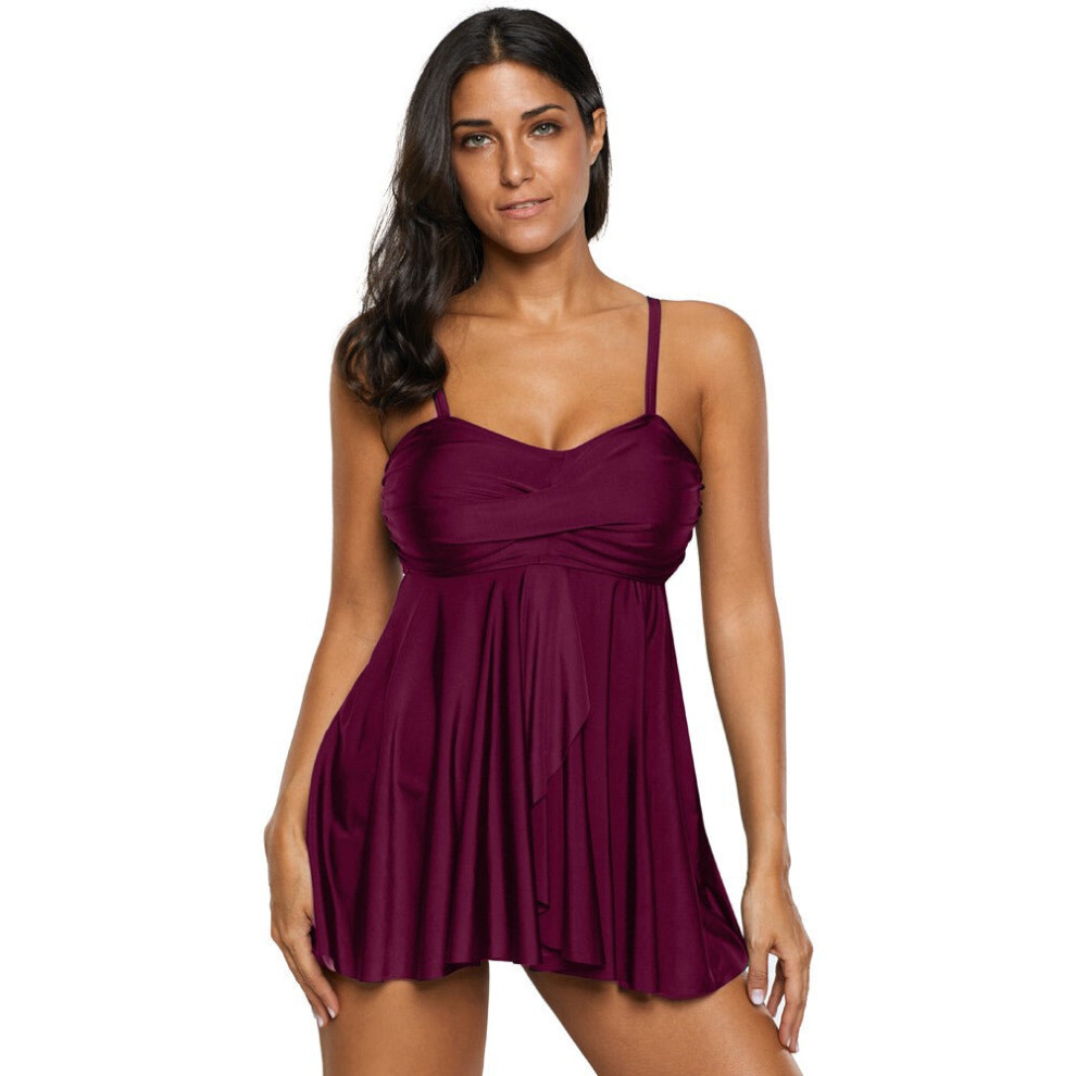 (Burgundy, M) Sexy Women Strappy Ruched Wireless Bathing Suit Swimsuits Beach Wear Two Piece