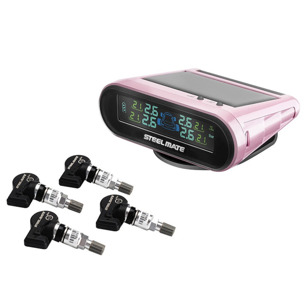 (Pink) TPMS Tire Pressure Monitoring System Solar Power Display 4 Internal Sensors