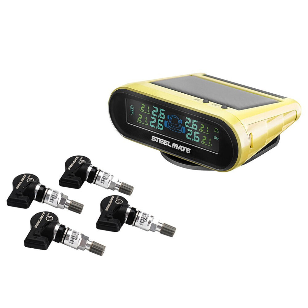 (Yellow) TPMS Tire Pressure Monitoring System Solar Power Display 4 Internal Sensors