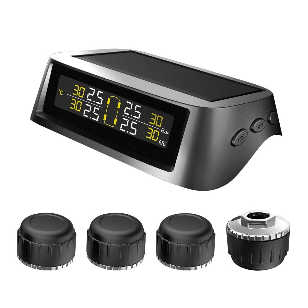 (V2) TPMS tire Pressure Monitoring System Solar Wireless and USB Charging Detection with 4 Internal Sensors