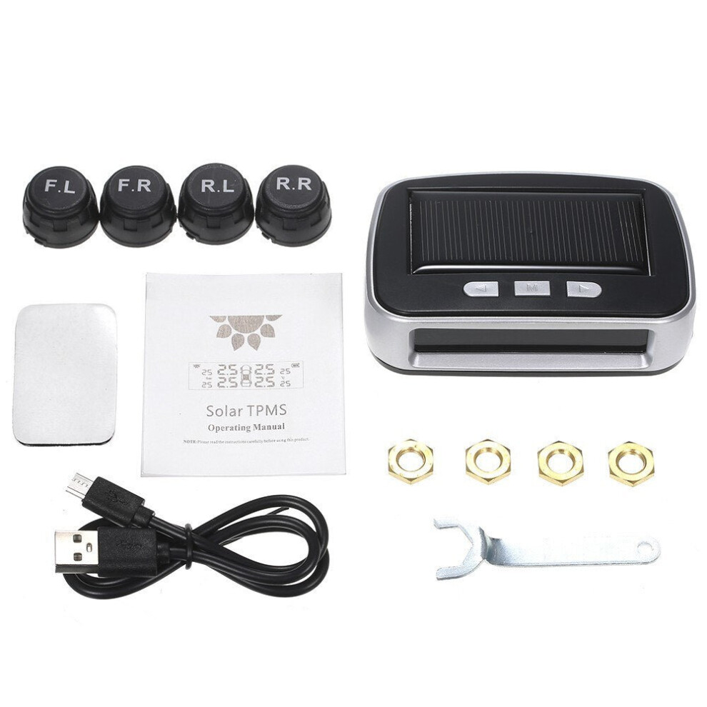 (V2) Car TPMS Tire Pressure Digital Solar Energy Monitoring System Auto Security with 4 Internal Sensors