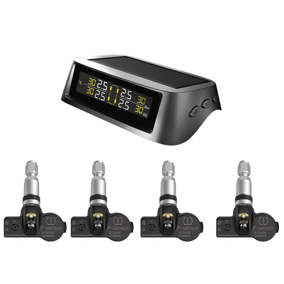 (V1) Tpms Tire Pressure Monitoring System Solar Wireless And Usb Charging Detection With 4 Internal Sensors 3654657619909