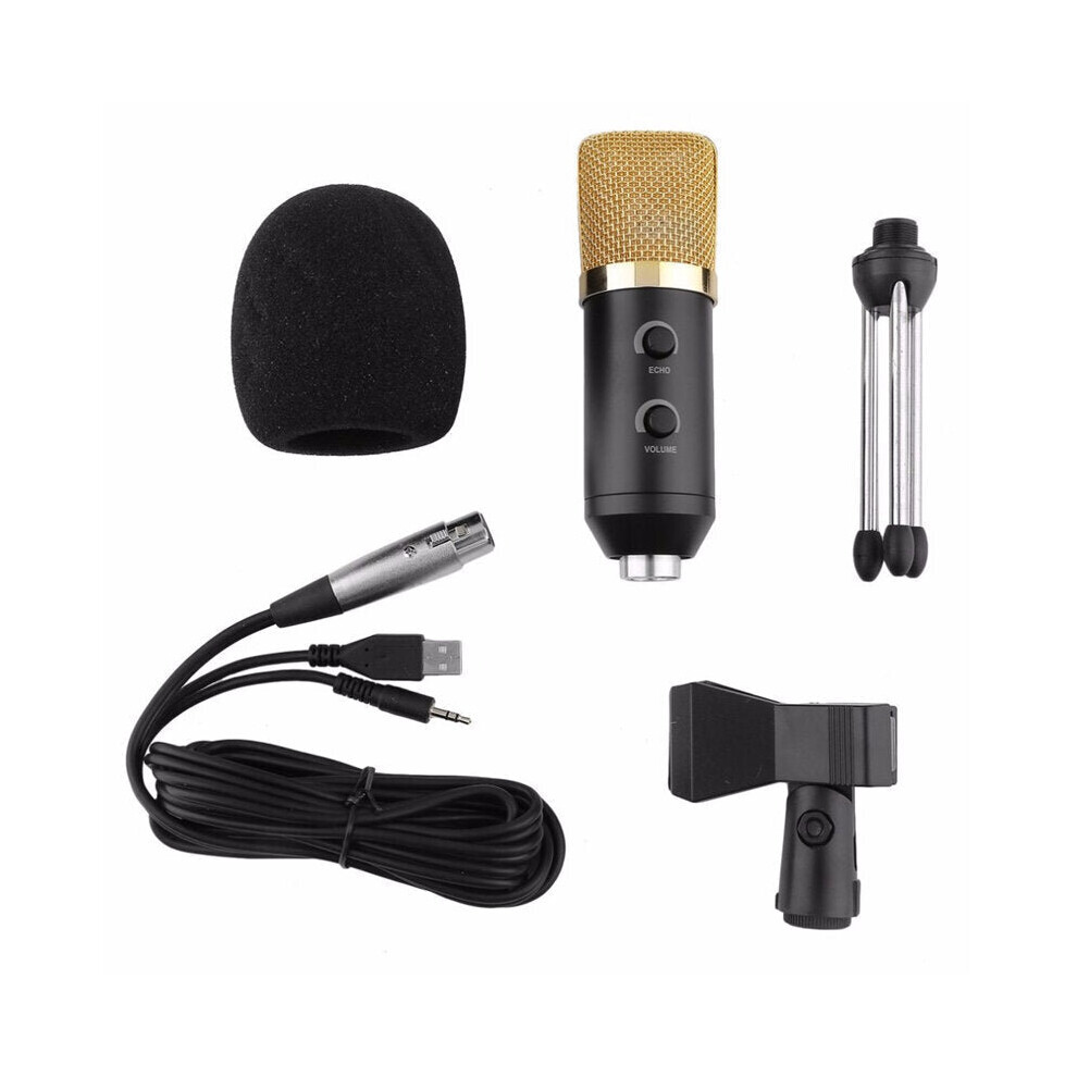 (Gold) Wired microphone USB Condenser Sound Recording Mic with Reverb Broadcast Live Microphone Tripod Stand