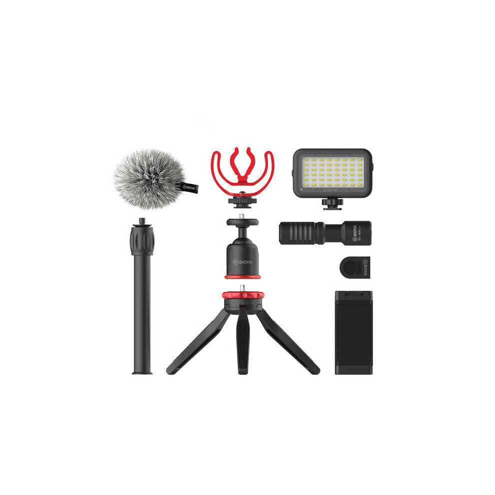 (B) Microphone Mic LED Light Tripod Phone Clip Holder Kit for Smartphone Vlog Live Studio Video Vars