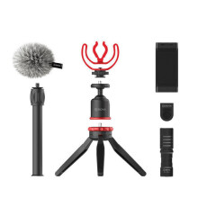 (A) Microphone Mic LED Light Tripod Phone Clip Holder Kit for Smartphone Vlog Live Studio Video Vars