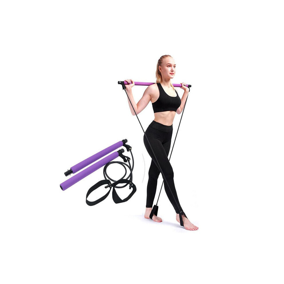 (Purple) Fitness Sport Pilate Bar Kit Gym Exercise Workout Stick with Resistance Band Body Building Puller