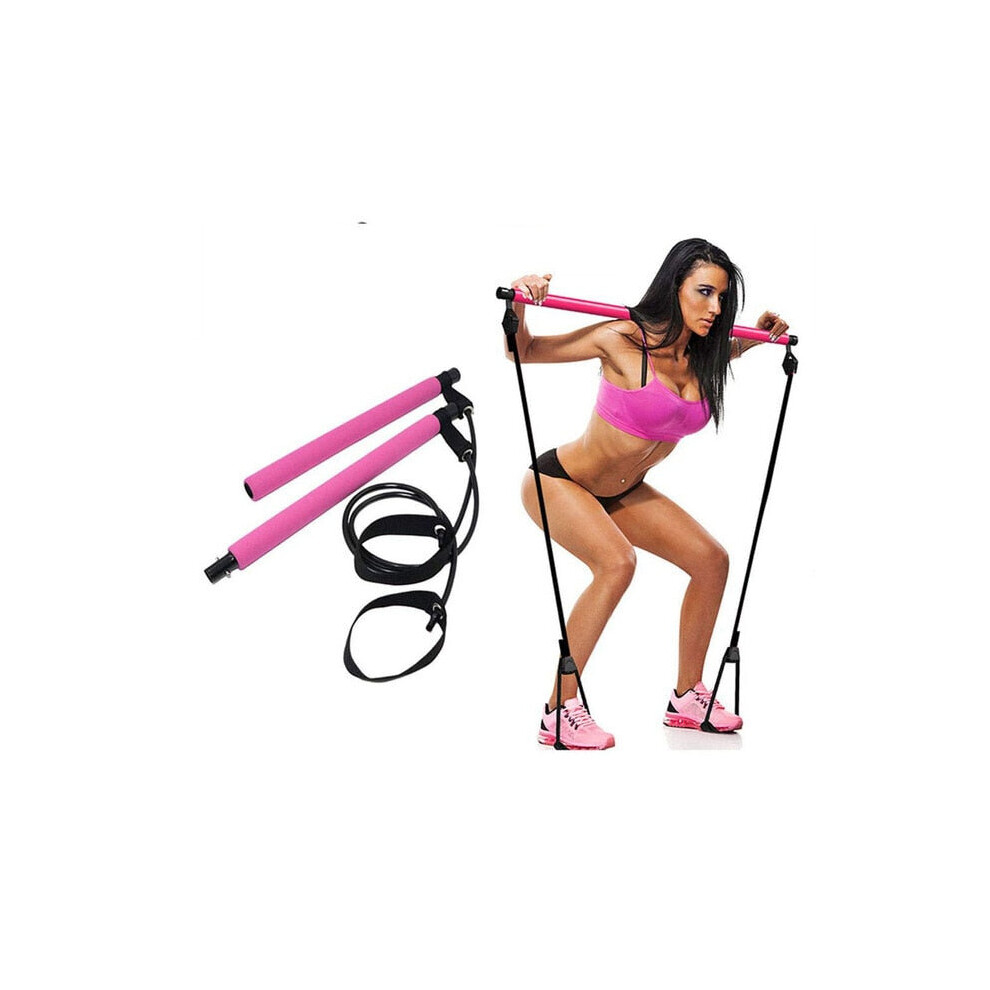 (Pink) Fitness Sport Pilate Bar Kit Gym Exercise Workout Stick with Resistance Band Body Building Puller