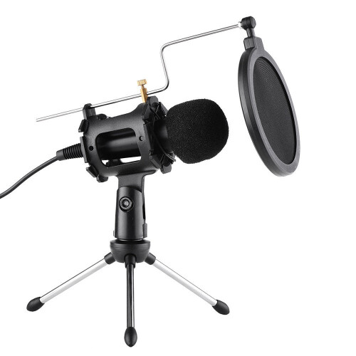 Video Microphone Kit with Mini Tripod Shock Mount Pop Filter Windshield USB Adapter Cable 3.5mm TRS Plug 2