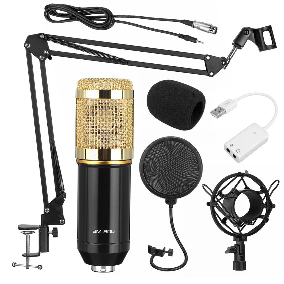 (Gold) Pro Condenser Microphone Kit Studio Suspension Boom Scissor Arm Stand with Fliter