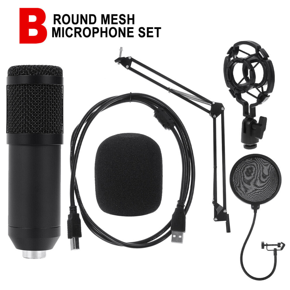 (B:Flat Mesh Microphone Set) Professional Intelligent Noise Reduction USB Condenser Microphone with Shock Mount