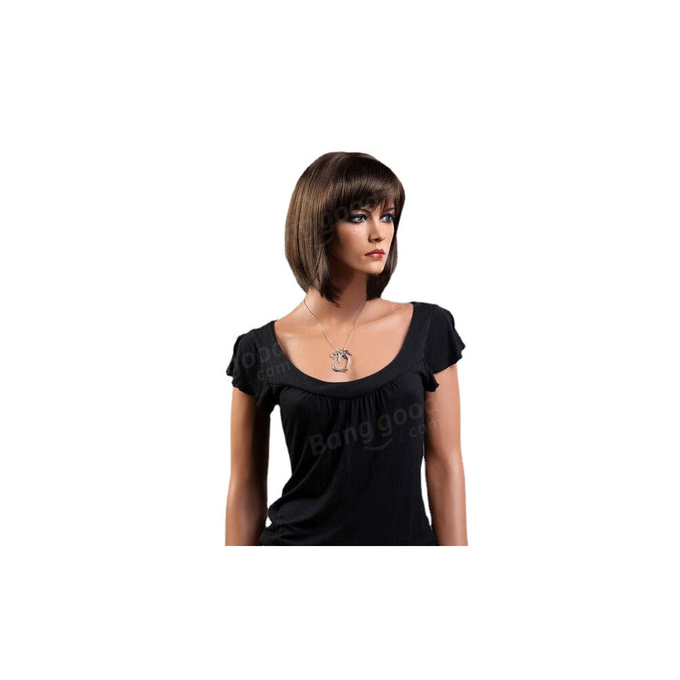 Greenzech Unisex Brown Short Capless Synthetic Hair Wig Bobo Straight Dark Natural Smooth
