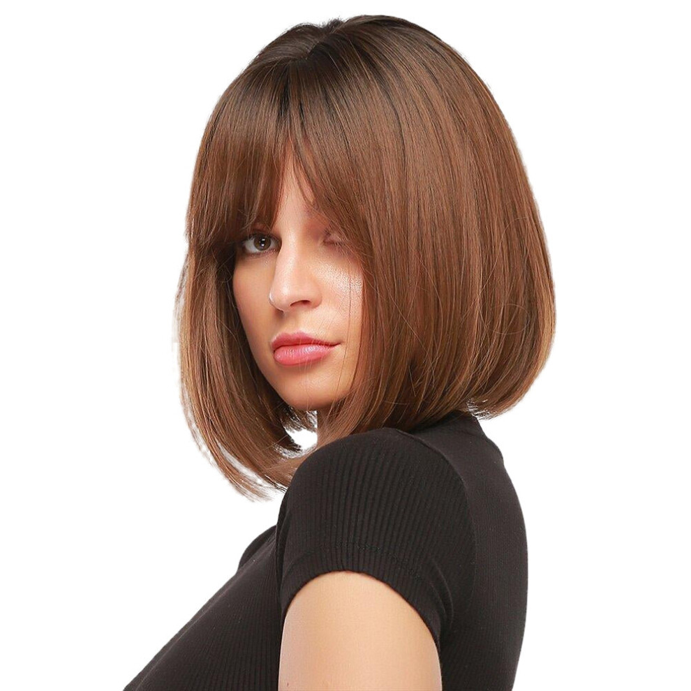 Black Gradient Brown Short Straight Hair Fluffy Head Full Head Cover Wig