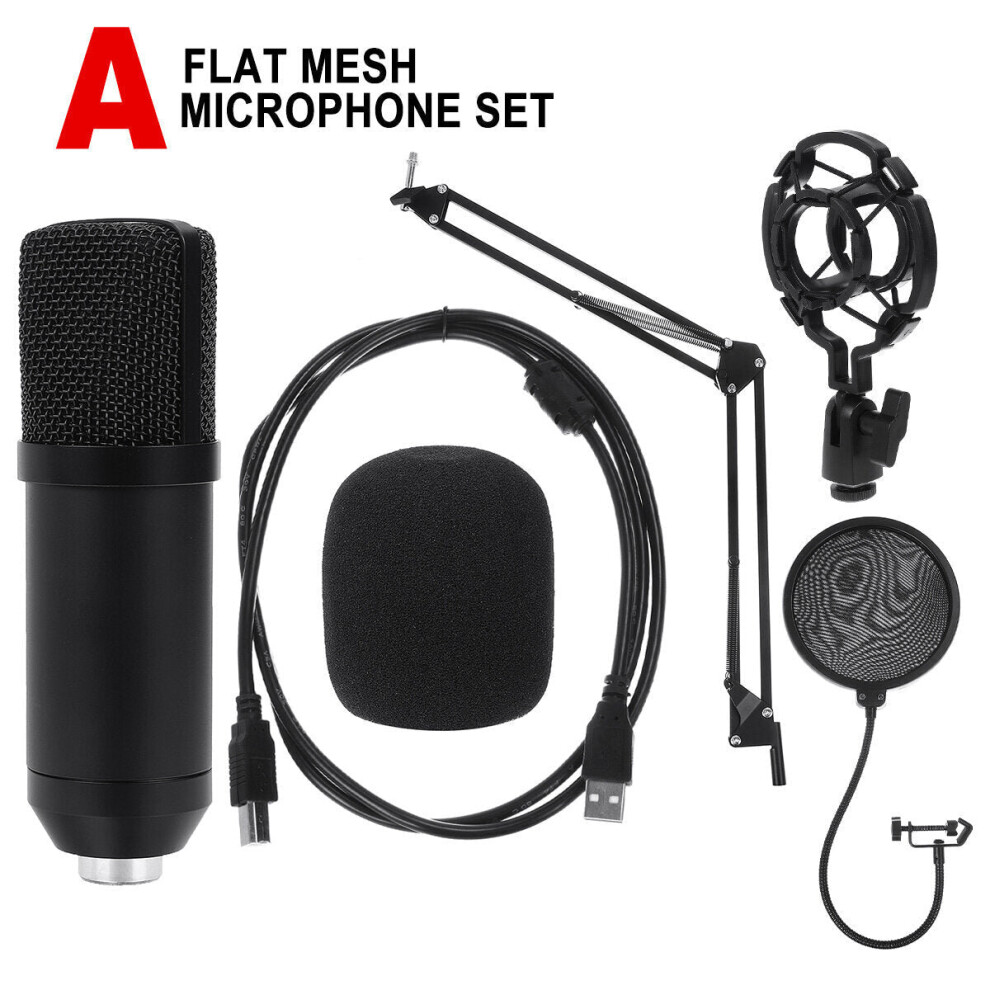 (A:Round Mesh Microphone Set) Professional Intelligent Noise Reduction USB Condenser Microphone with Shock Mount