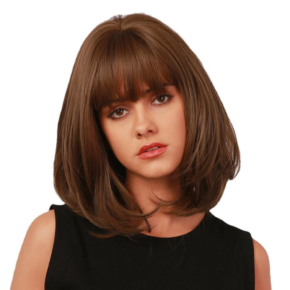 Dark Brown Short Straight Hair Bangs Bob Head Full Head Cover Wig